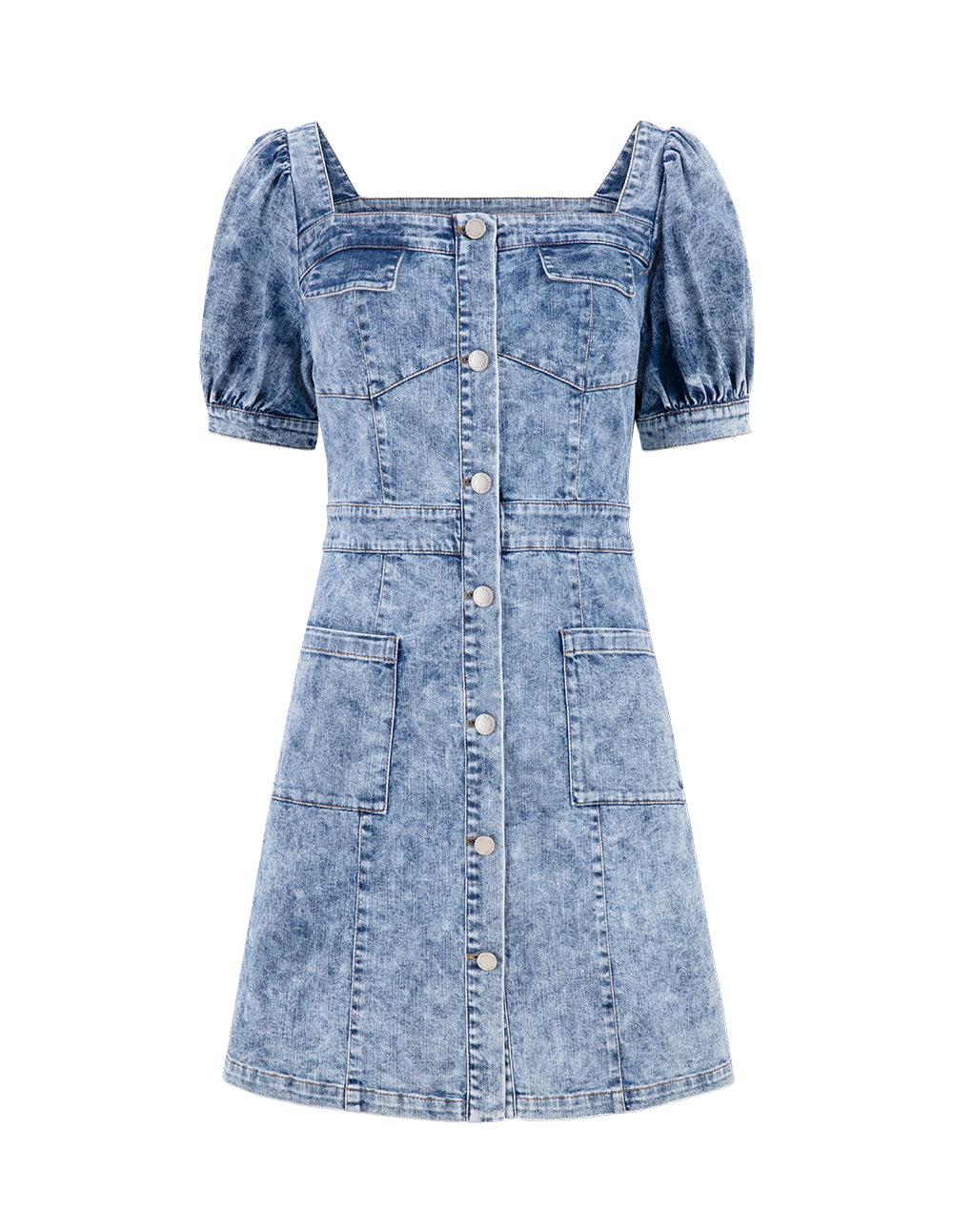 BORA AKSU French Puff Sleeve Square Neck Washed Blue Denim Dress