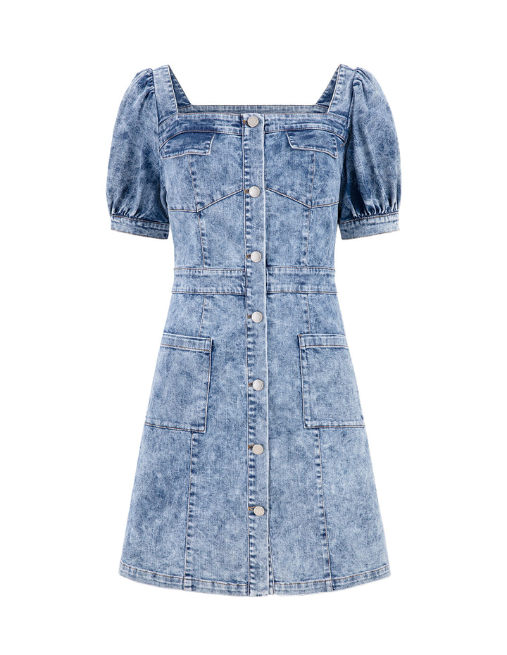 BORA AKSU French Puff Sleeve Square Neck Washed Blue Denim Dress