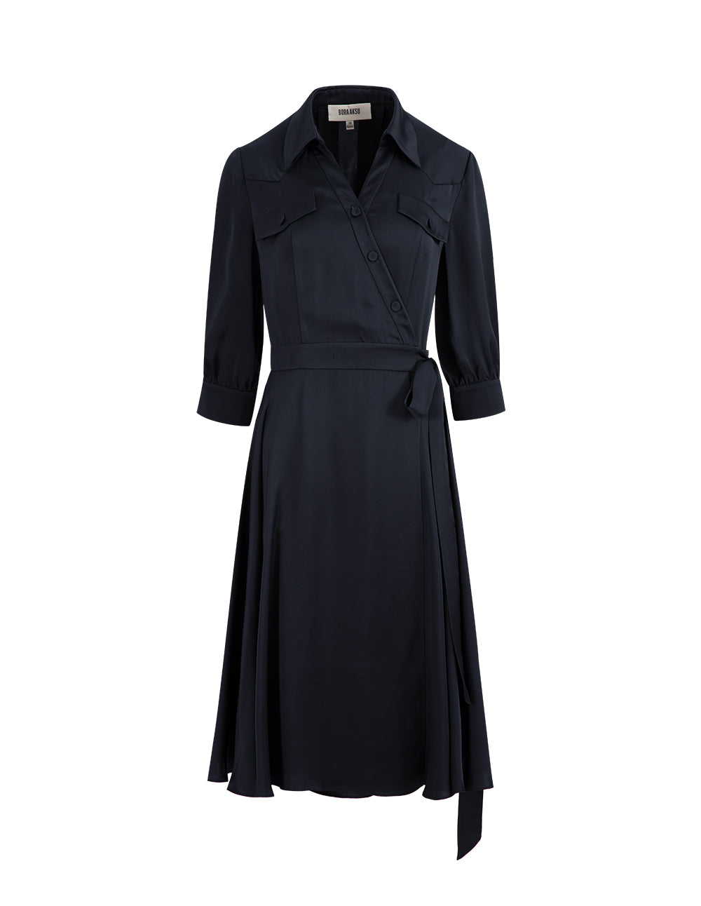 BORA AKSU French Acetate Puff Sleeve Navy Blue Dress
