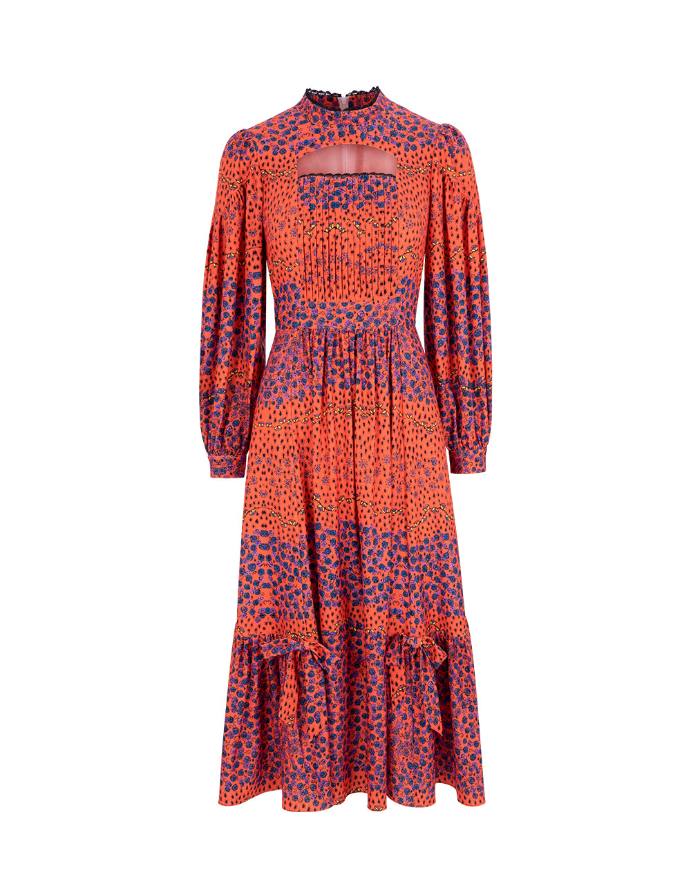 BORA AKSU Puff Sleeve Hollow Stand Collar Floral Dress