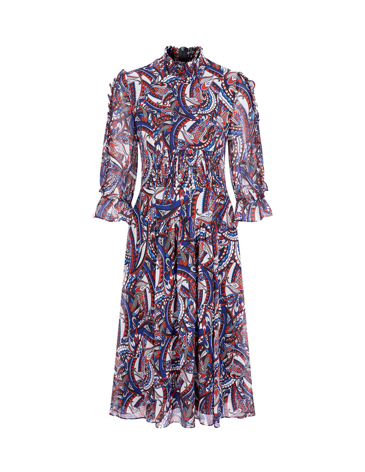 BORA AKSU Paisley Print Elegant Collar Puff Sleeve Long Dress