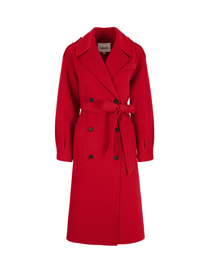 BORA AKSU Elegant Red Lantern Sleeve Lapel Lace-Up Woolen Coat