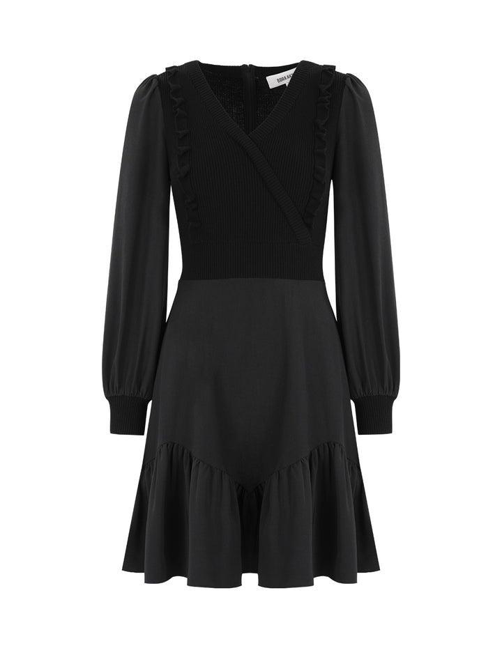 BORA AKSU Puff Sleeve V-Neck Wool Needlepoint A-Line Black Dress