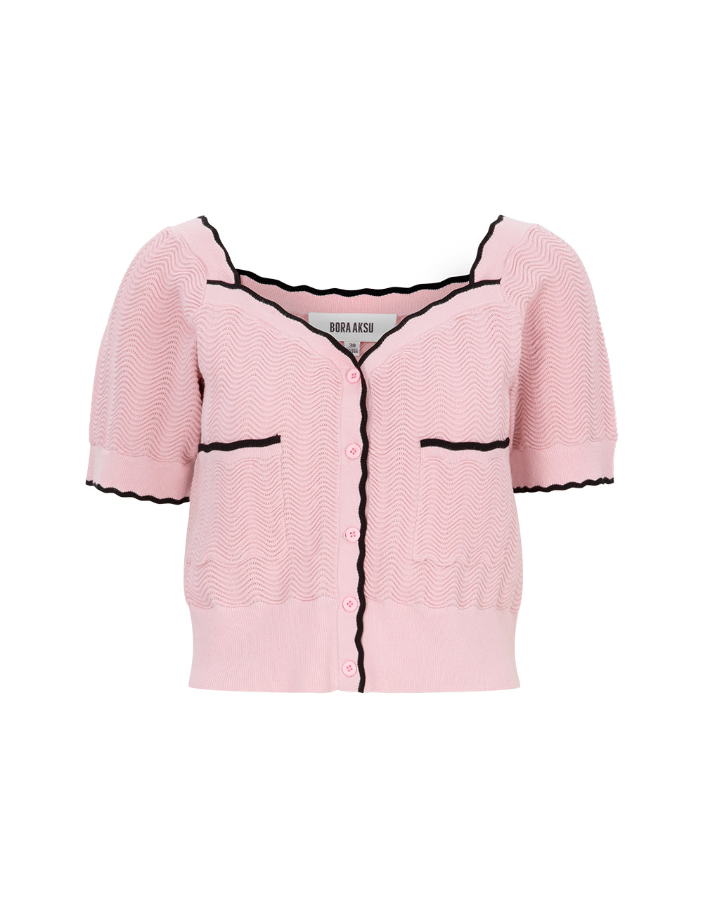 BORA AKSU Textured Short-sleeved Contrasting Colors Knitted Cardigan