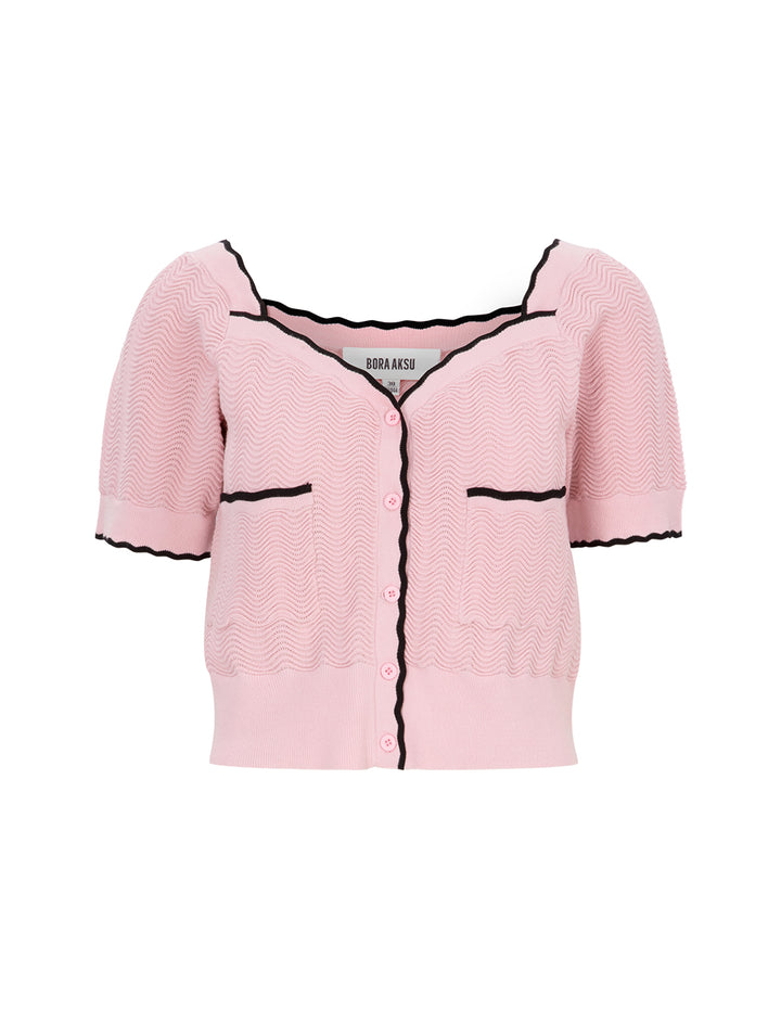 BORA AKSU Textured Short-sleeved Contrasting Colors Knitted Cardigan