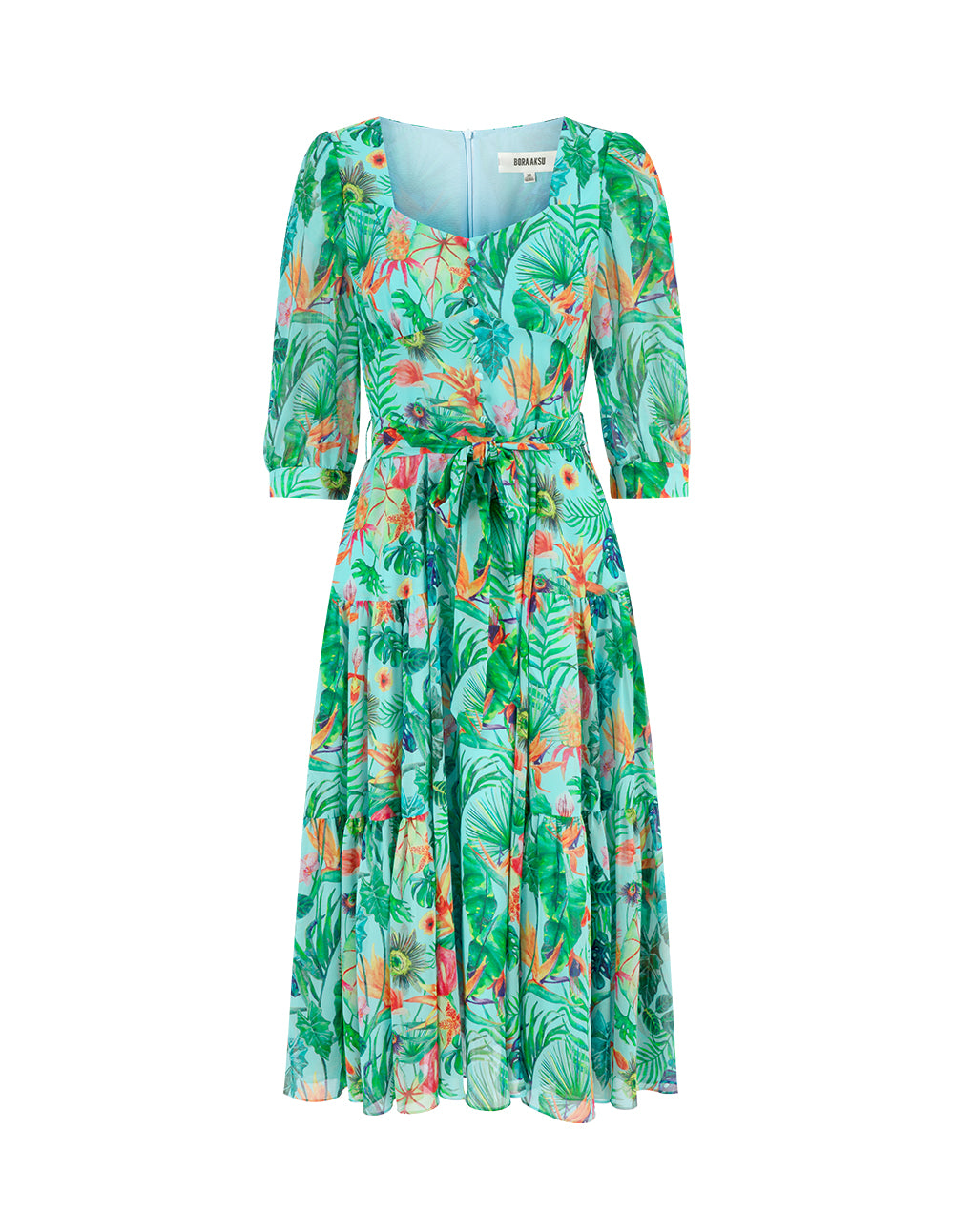 BORA AKSU Diamond Neck Teal Tropical Floral Print Pleated Dress
