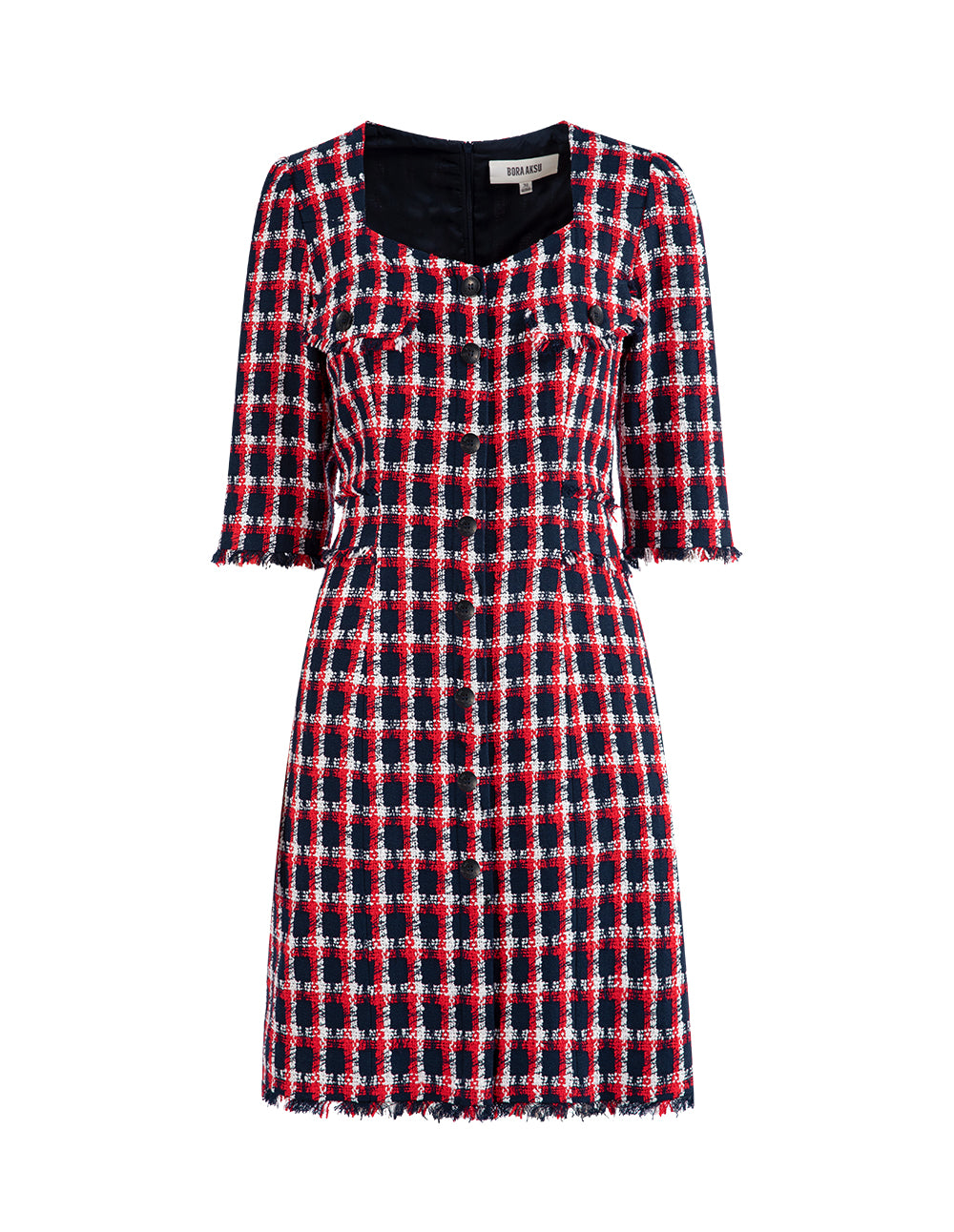 BORA AKSU Red And Blue Tweed Vintage Diamond Neck Dress