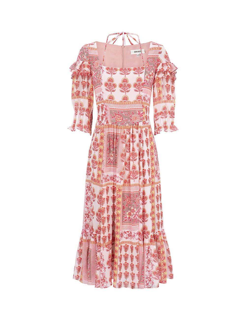 BORA AKSU Vintage Square Neck Tie Pleated Print Dress