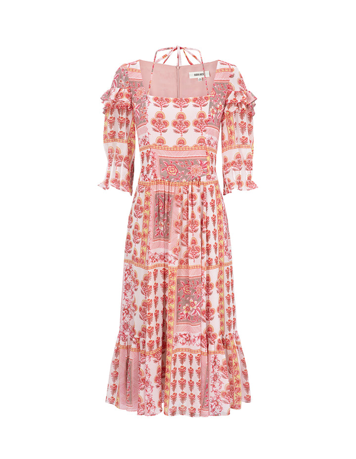 BORA AKSU Vintage Square Neck Tie Pleated Print Dress