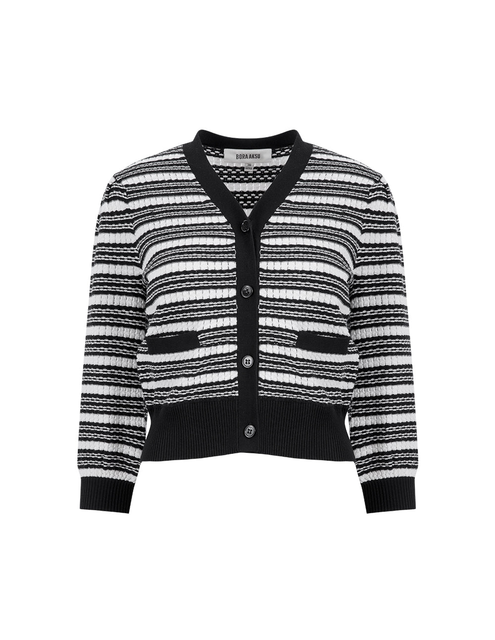 BORA AKSU V-Neck 3/4 Sleeve Black And White Striped Knitted Cardigan