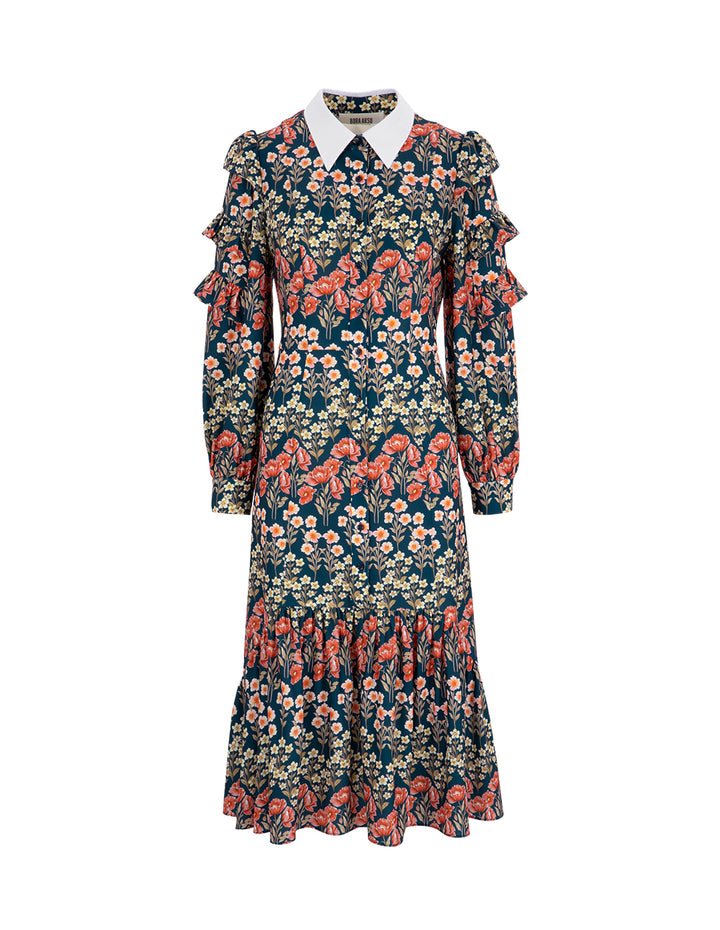 BORA AKSU Retro Lapel Puff Sleeve Fishtail Print Dress