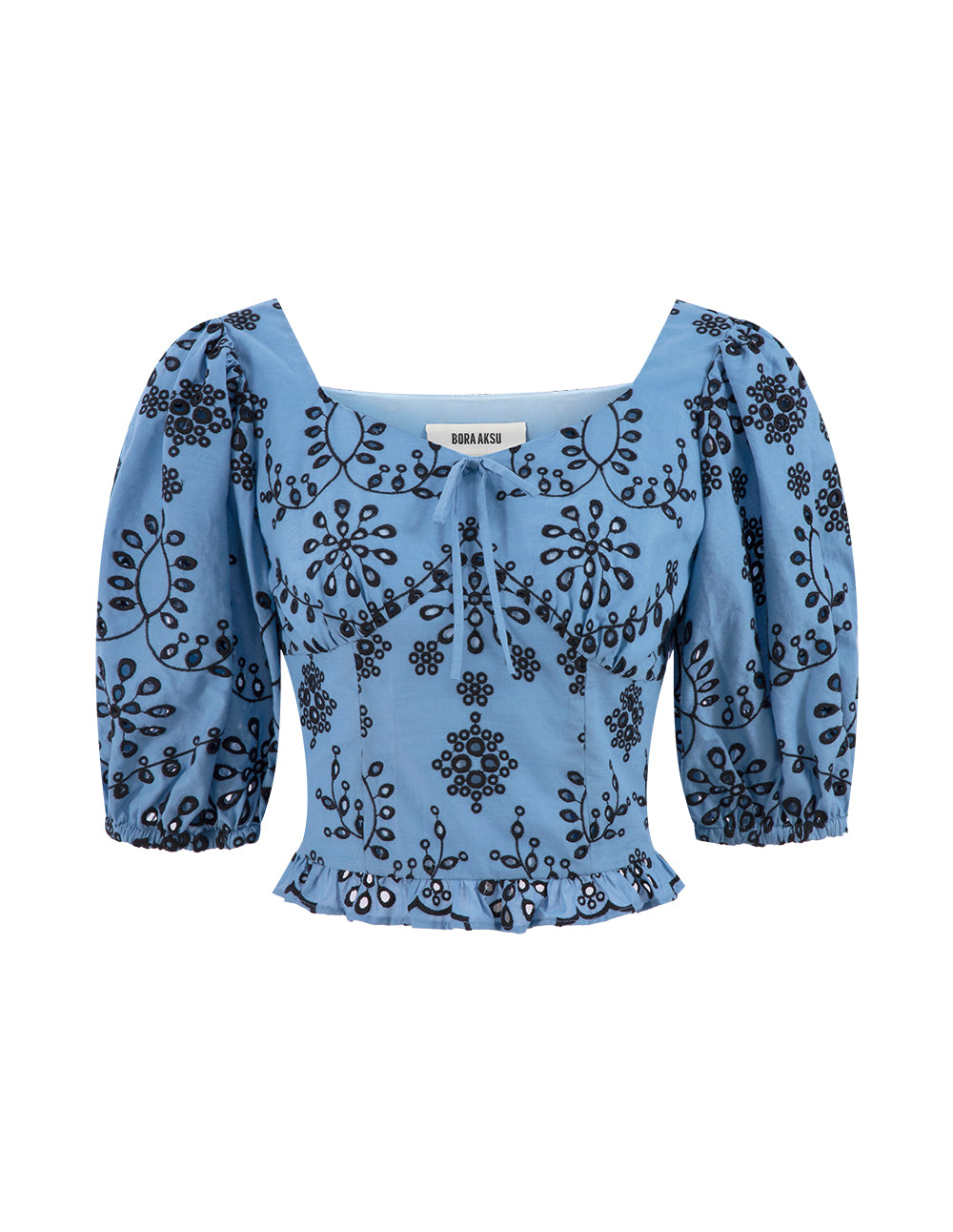 BORA AKSU Diamond Collar Fog Blue Cutout Embroidery Top