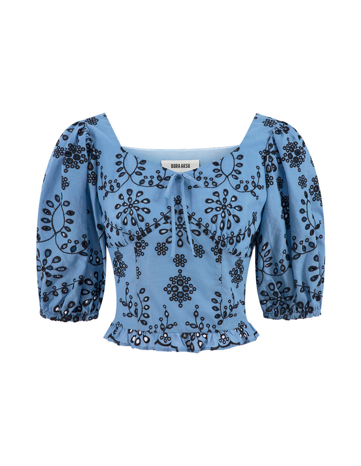 BORA AKSU Diamond Collar Fog Blue Cutout Embroidery Top