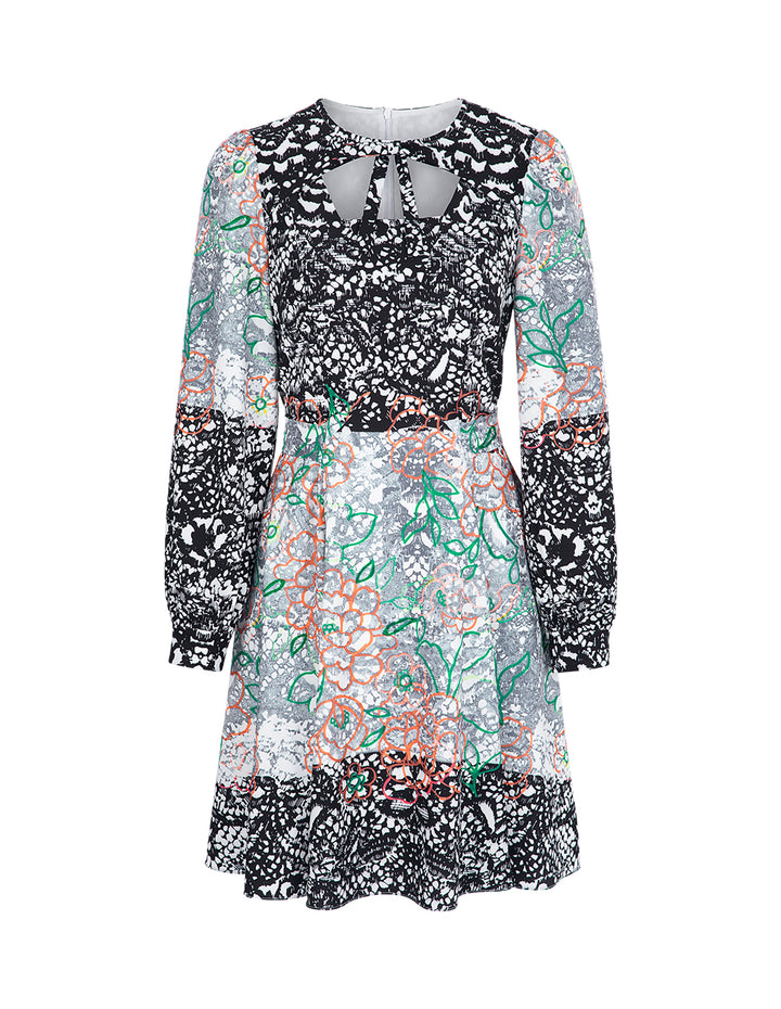 BORA AKSU Temperament Hollow Collar Puff Sleeve Lace Print Dress
