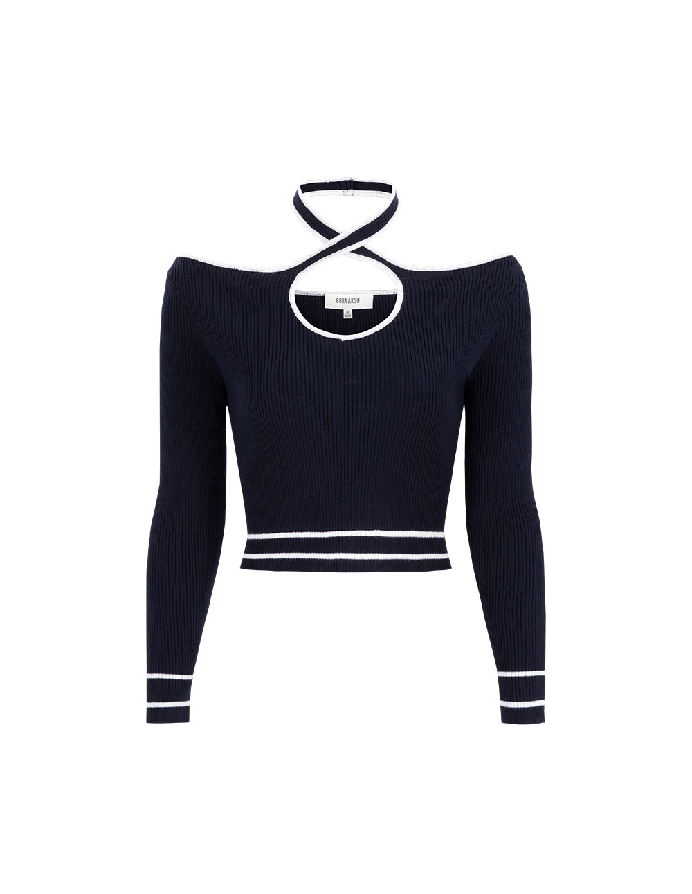 BORA AKSU Halterneck Off-The-Shoulder Blue And White Colourblock Wool Pullover