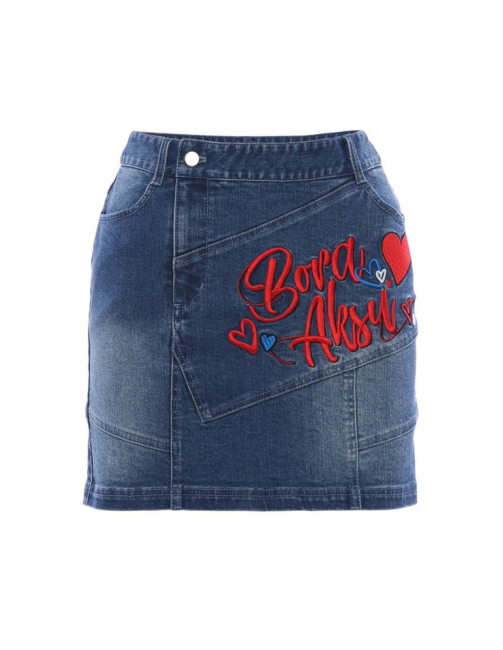 BORA AKSU Embroidered Logo Washed Denim Mini Skirt