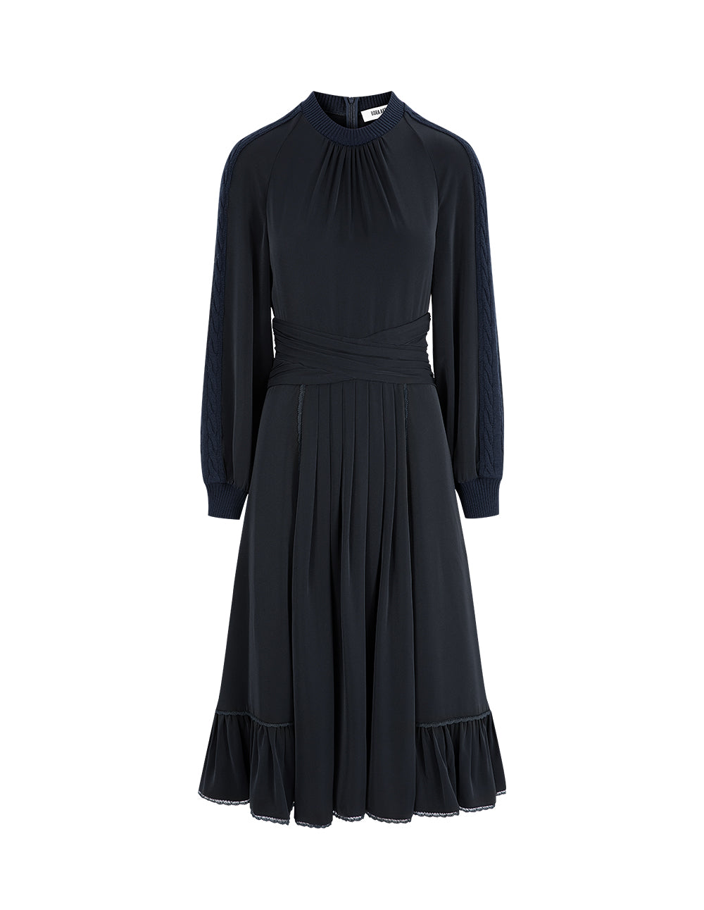 BORA AKSU French Puff Sleeve Elegant Pleated Knit Woven Dress