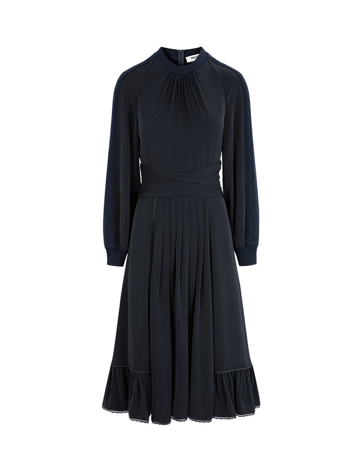 BORA AKSU French Puff Sleeve Elegant Pleated Knit Woven Dress
