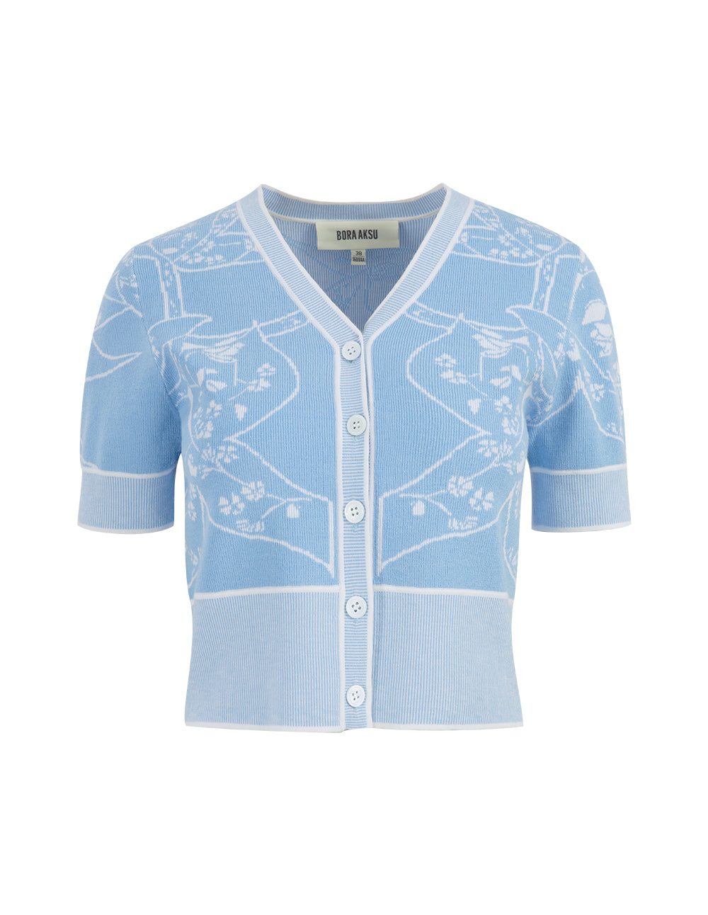 BORA AKSU Light Blue Jacquard V-Neck Short-Sleeve Knitted Cardigan