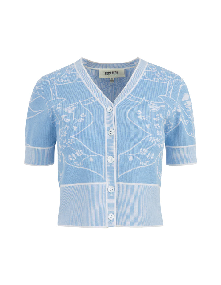 BORA AKSU Light Blue Jacquard V-Neck Short-Sleeve Knitted Cardigan