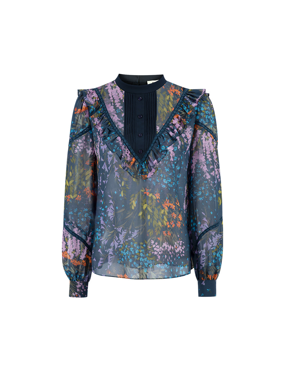 BORA AKSU Dark Blue Colour-Blockruffle Neck Puff Sleeve Floral Top