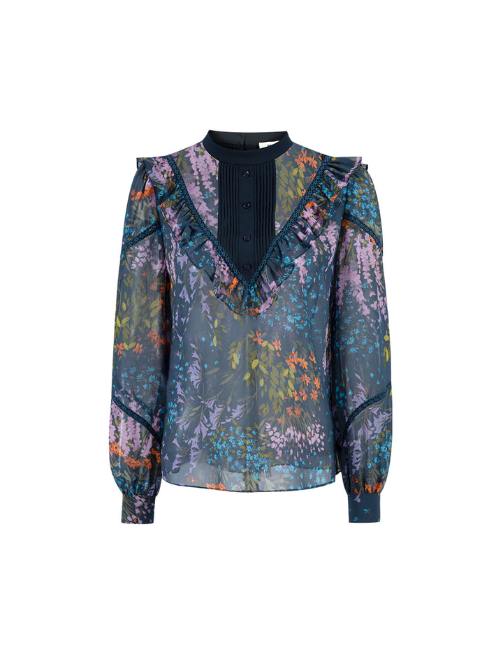 BORA AKSU Dark Blue Colour-Blockruffle Neck Puff Sleeve Floral Top