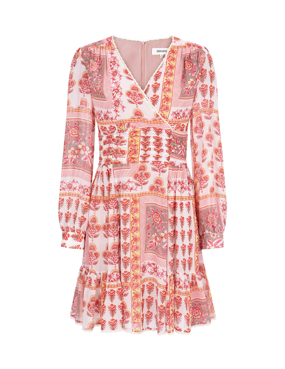 BORA AKSU French Puff Sleeve V-Neck Pleated Print Dress