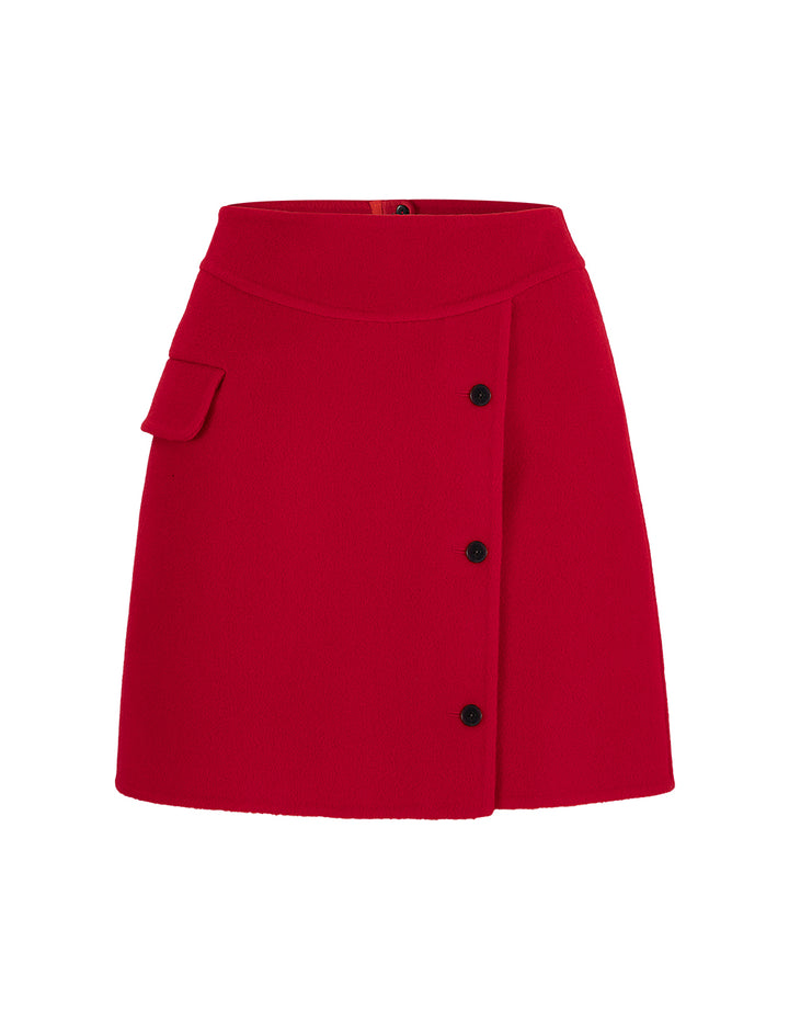 BORA AKSU Red A-Line Woollen Oblique Buttons Skirt