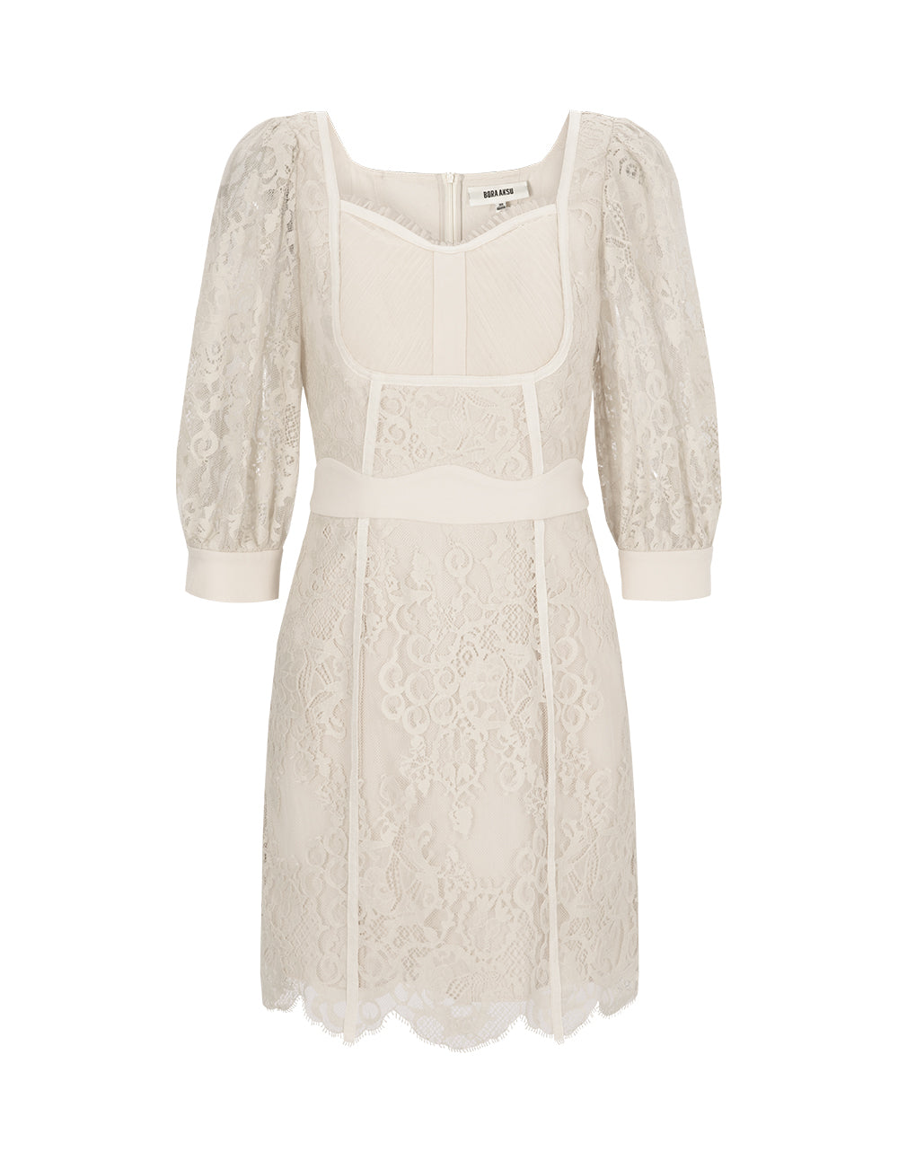 BORA AKSU French Vintage Puff Sleeve Diamond Collar Lace Dress