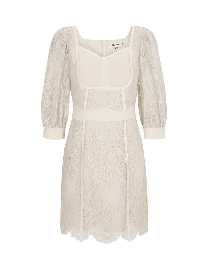 BORA AKSU French Vintage Puff Sleeve Diamond Collar Lace Dress