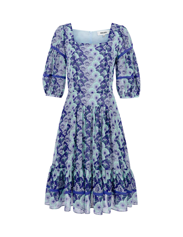 BORA AKSU Blue-Toned Japanese-Style Print Square-Neck Printed Pleated Dress