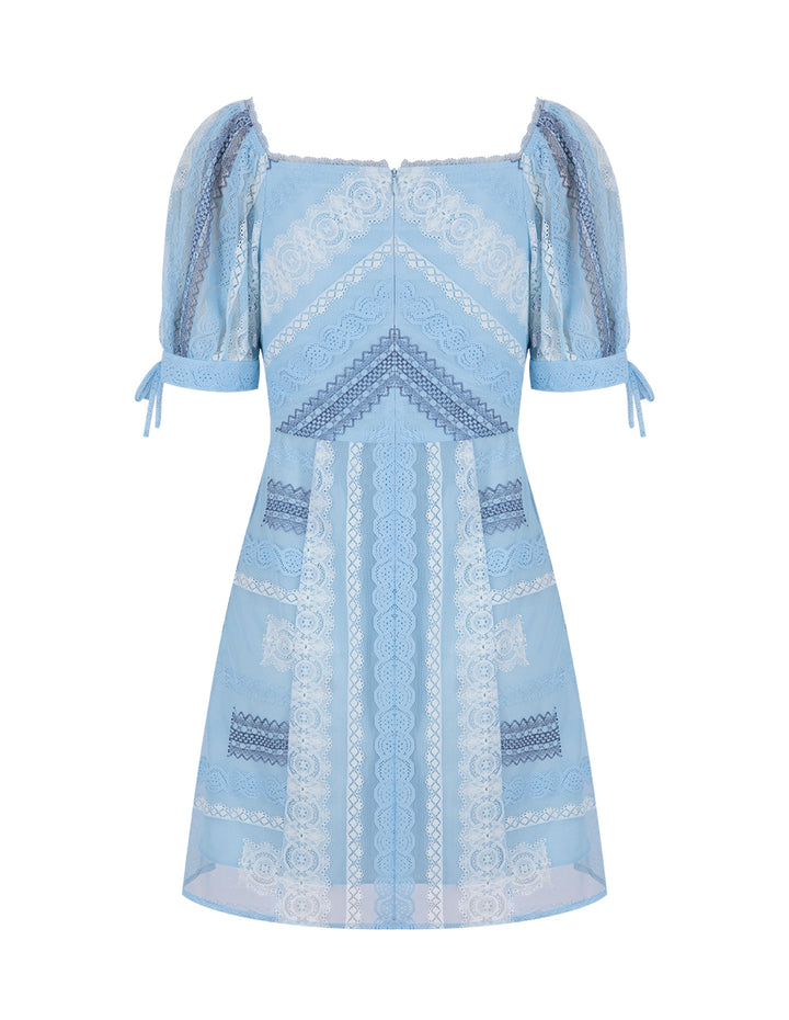 BORA AKSU Elegant Square Collar Bubble Sleeve Lace Fitted Waist Dress