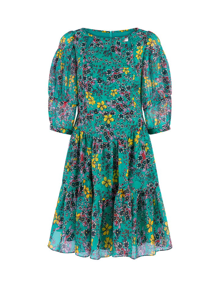 BORA AKSU Colourful Printed Silk Puff Sleeve Dress On Blue