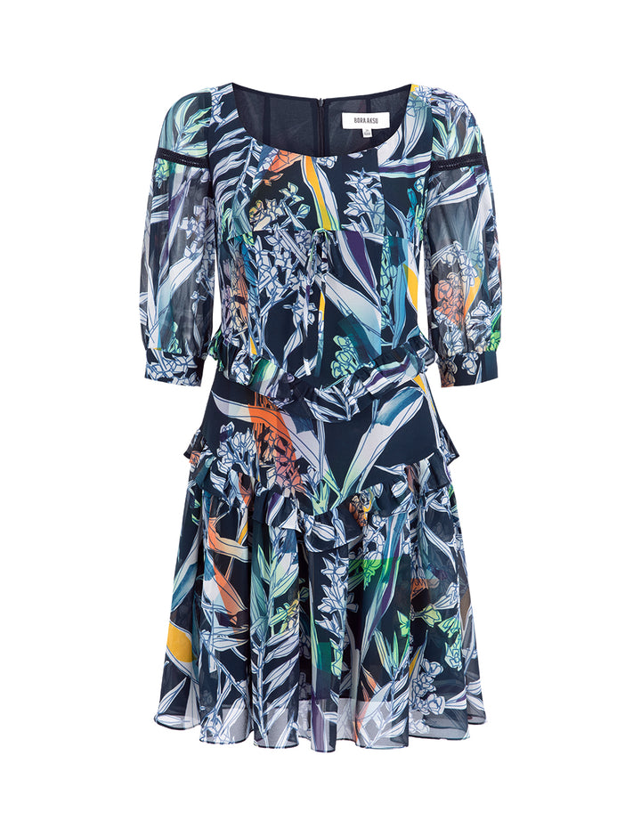 BORA AKSU French Puff Sleeve Designer Hand-Painted Print Dress