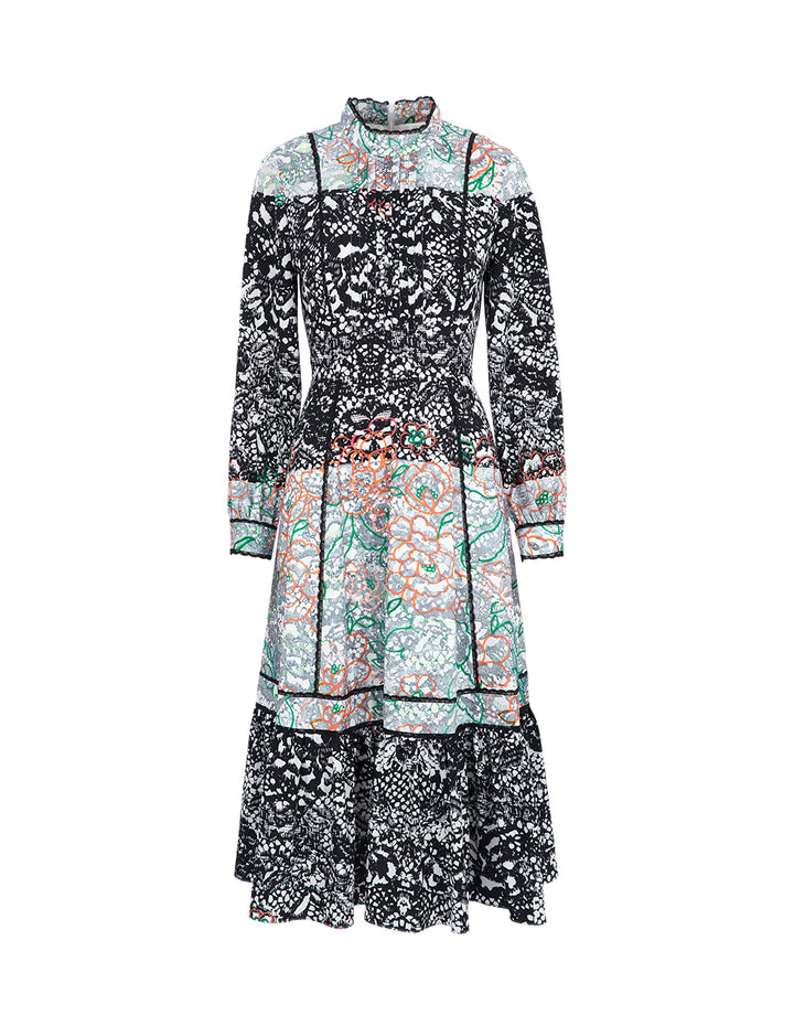 BORA AKSU French Retro Puff Sleeve Stand Collar Printed Dress
