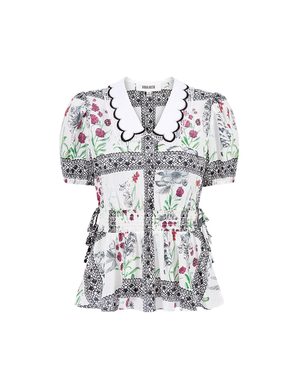 BORA AKSU Peter Pan Detailing Embroidered Collar Waist Print Top