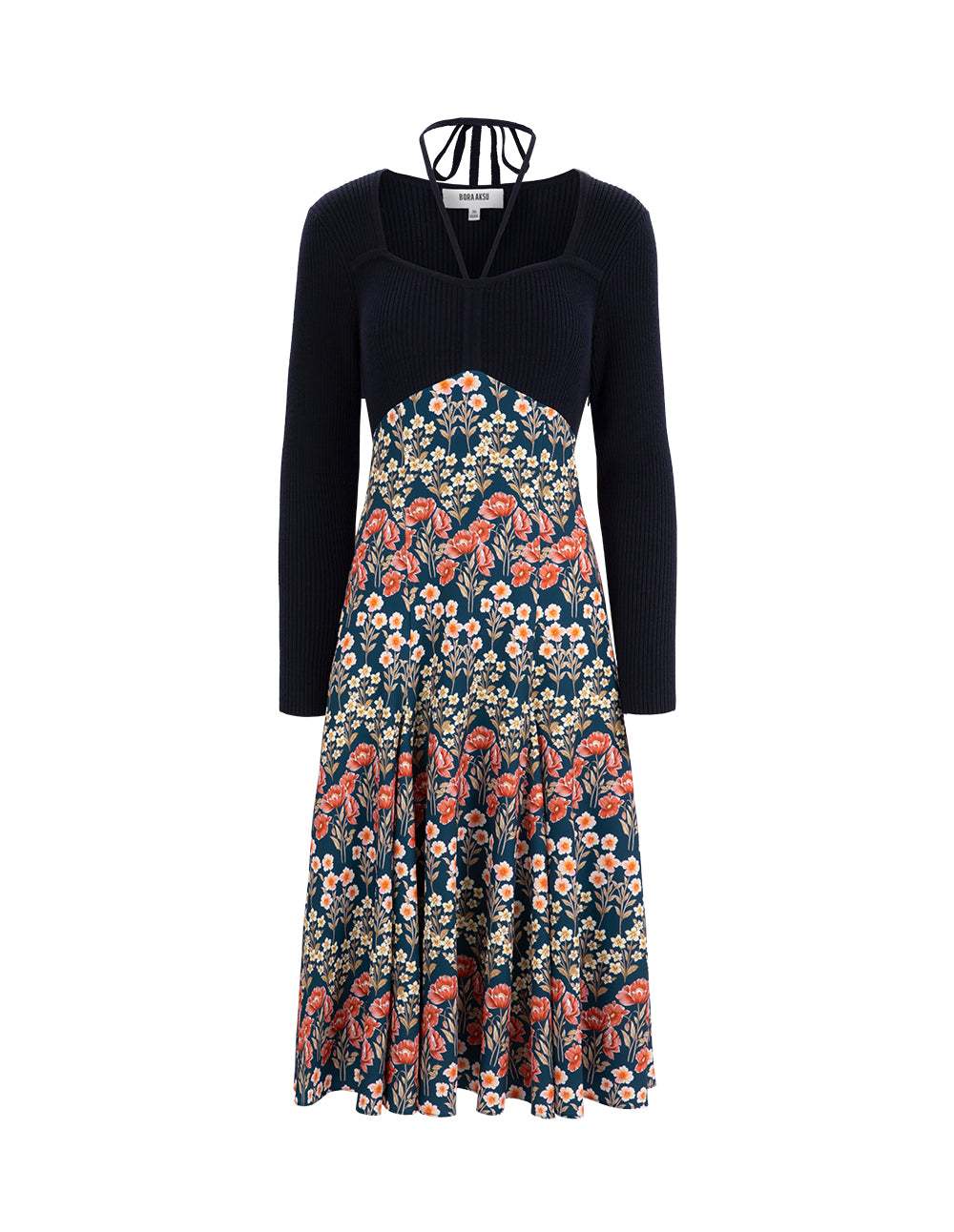 BORA AKSU Retro Diamond Collar Knit Woven Patchwork Printed Dress