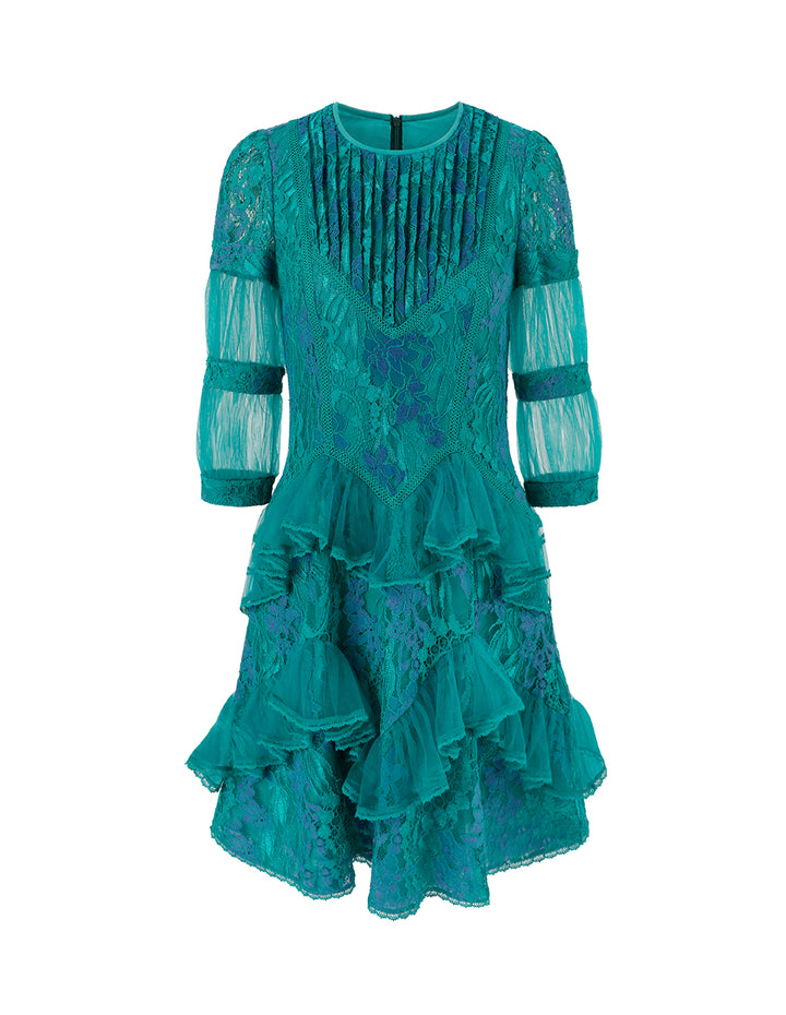 BORA AKSU Turquoise Blue Mesh Lace Ruffled Lace Mini Dress