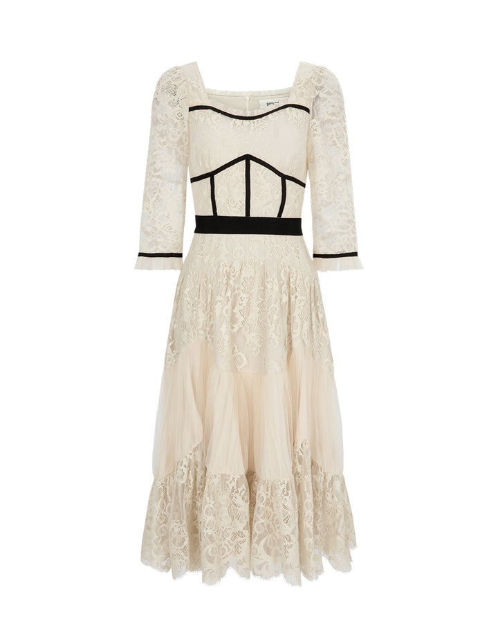 BORA AKSU Elegant Colourblock Bib Diamond Neck Lace Dress