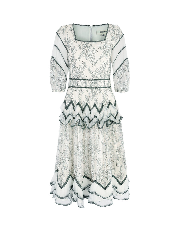 BORA AKSU Lace-Trimmed Floral Lace Square Neck Midi Dress