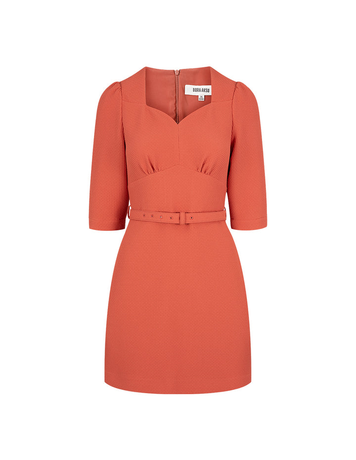 BORA AKSU Orange-Red Three-Quarter Puff Sleeve Waist Dress