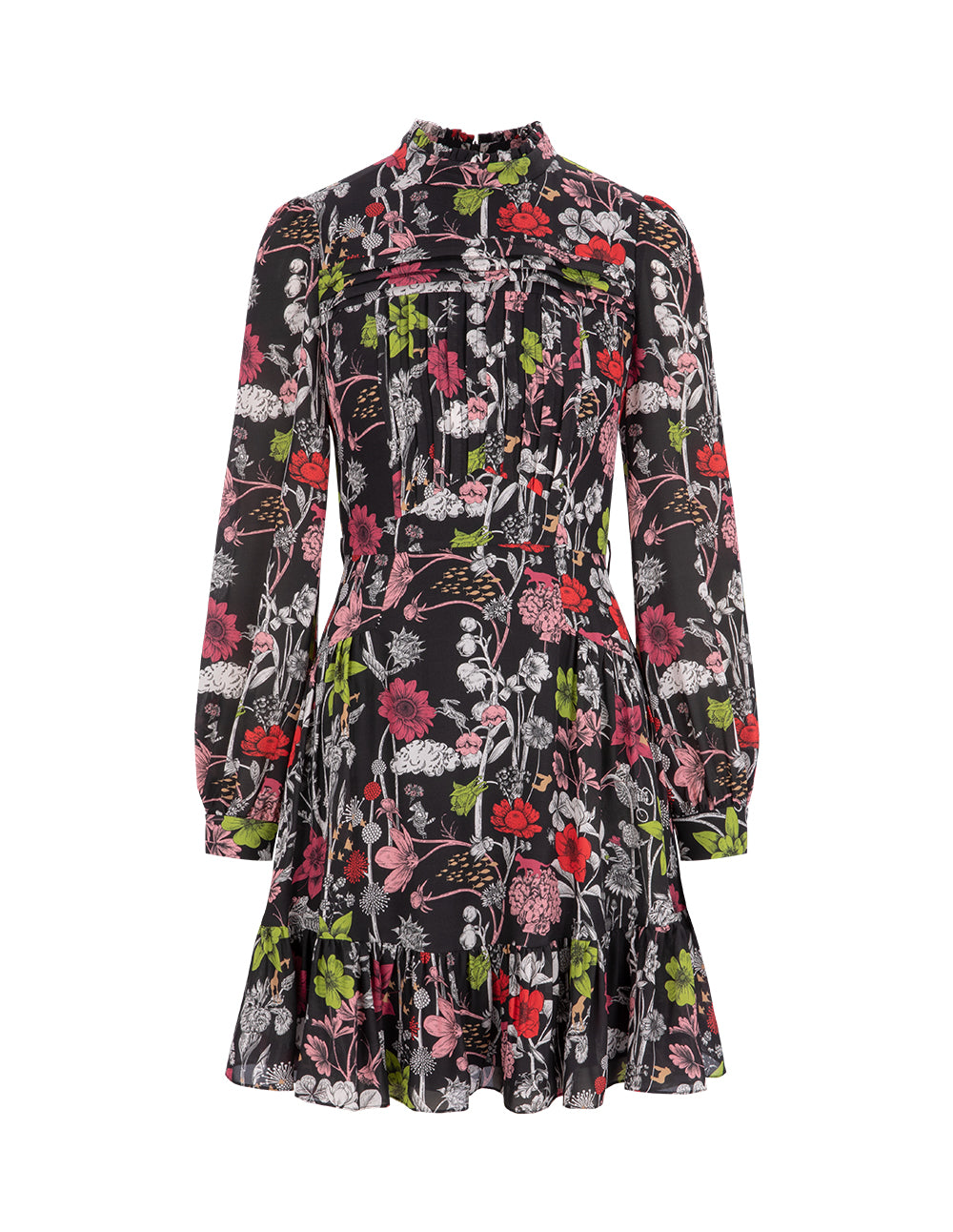 BORA AKSU Vintage Puff Sleeve Stand Collar Silk Print Floral Dress