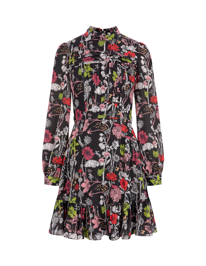 BORA AKSU Vintage Puff Sleeve Stand Collar Silk Print Floral Dress