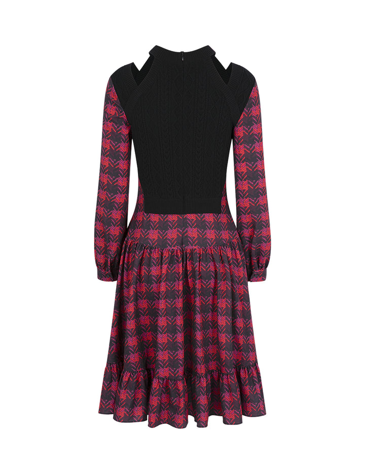 BORA AKSU Puff-Sleeved Houndstooth Contrast Wool Patchwork Dress