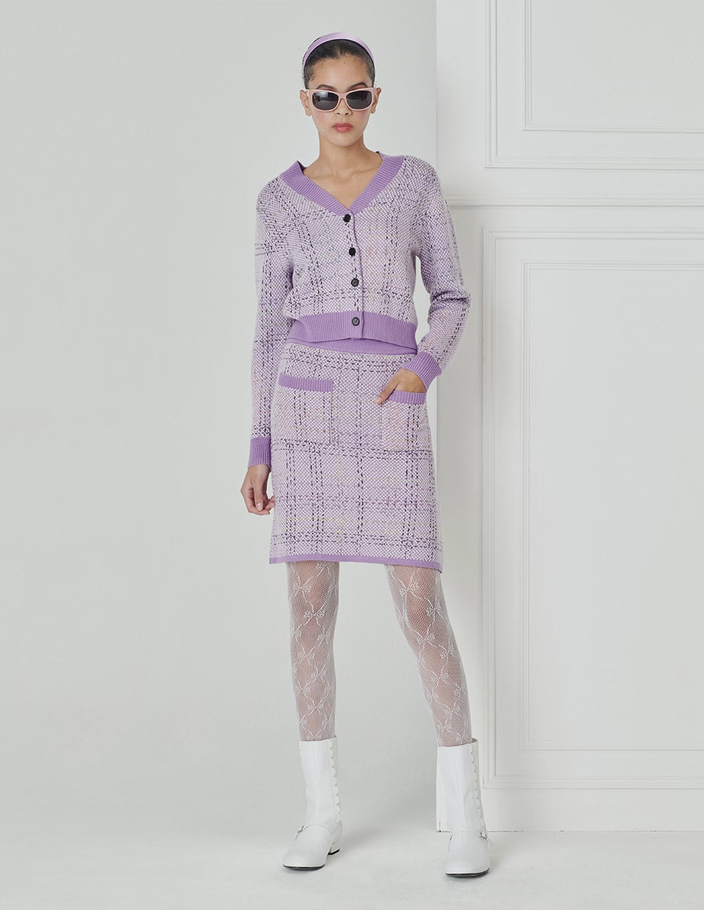 BORA AKSU Cloud Violet  Vintage Plaid Tweed Skirt