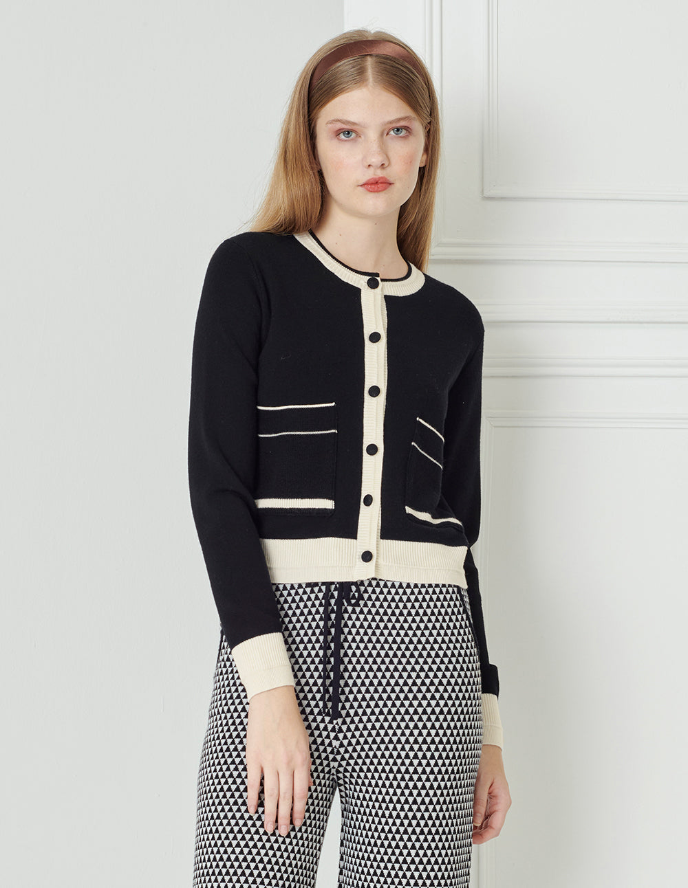 BORA AKSU Simple Colour Block  Round Neck Wool Knitted Cardigan