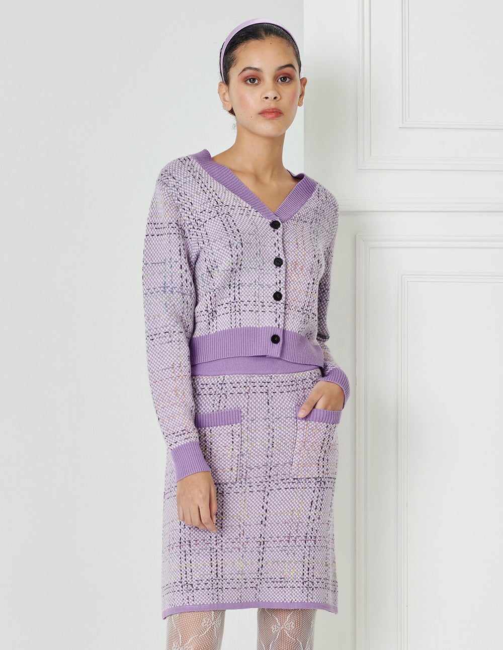 BORA AKSU Cloud Violet  Vintage Plaid Tweed Skirt