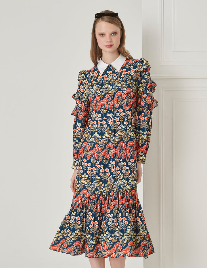 BORA AKSU Retro Lapel Puff Sleeve Fishtail Print Dress