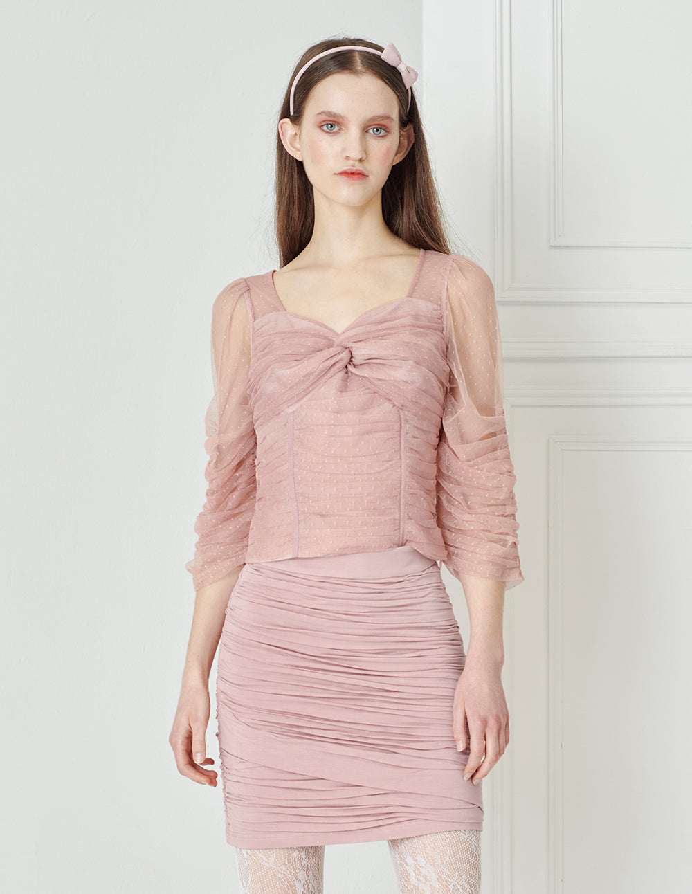 BORA AKSU Ballet Style Twisted Mesh Pleated Hem Short Top