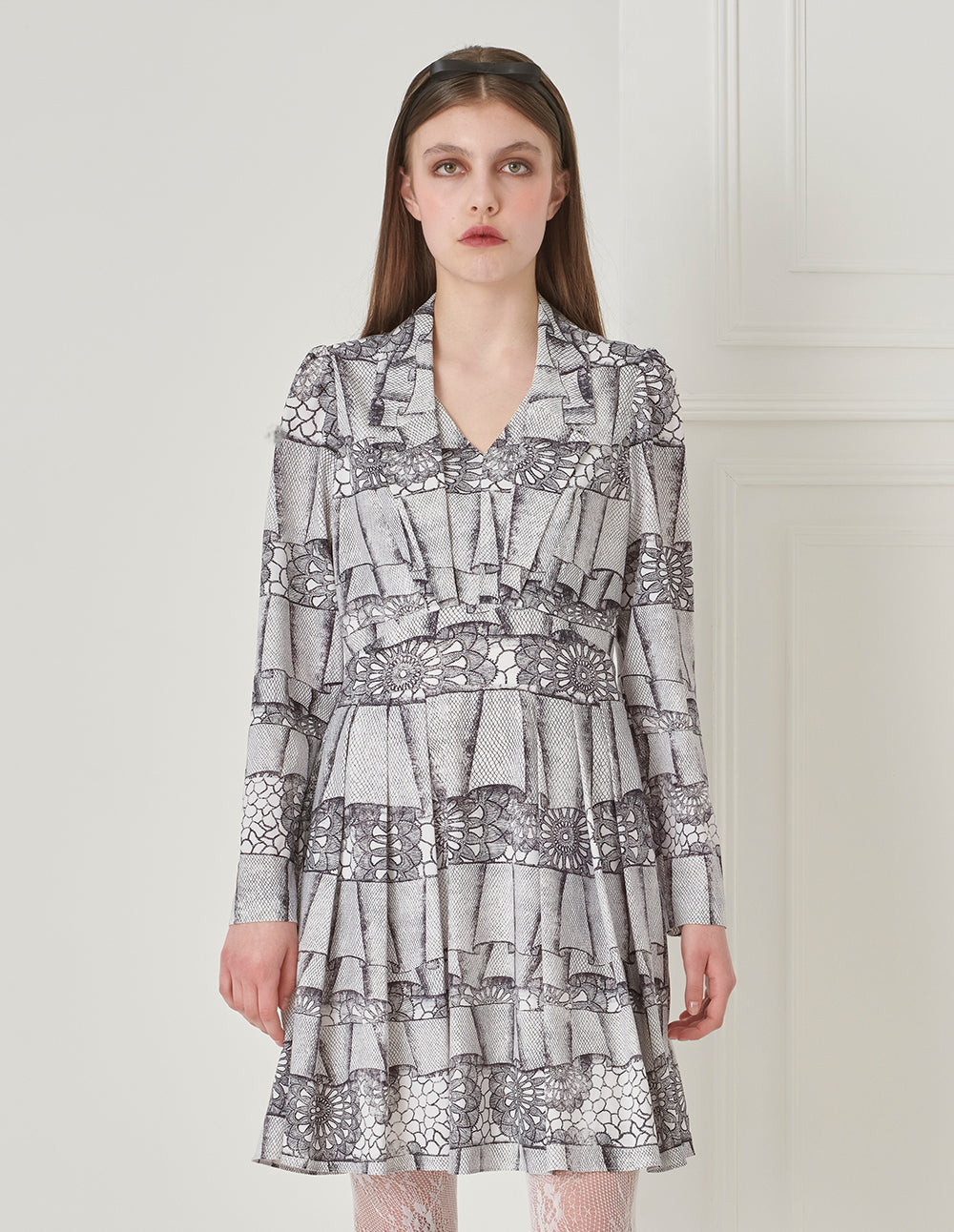 BORA AKSU Notched Lapel Puff Sleeve Abstract Print Long-Sleeved Dress